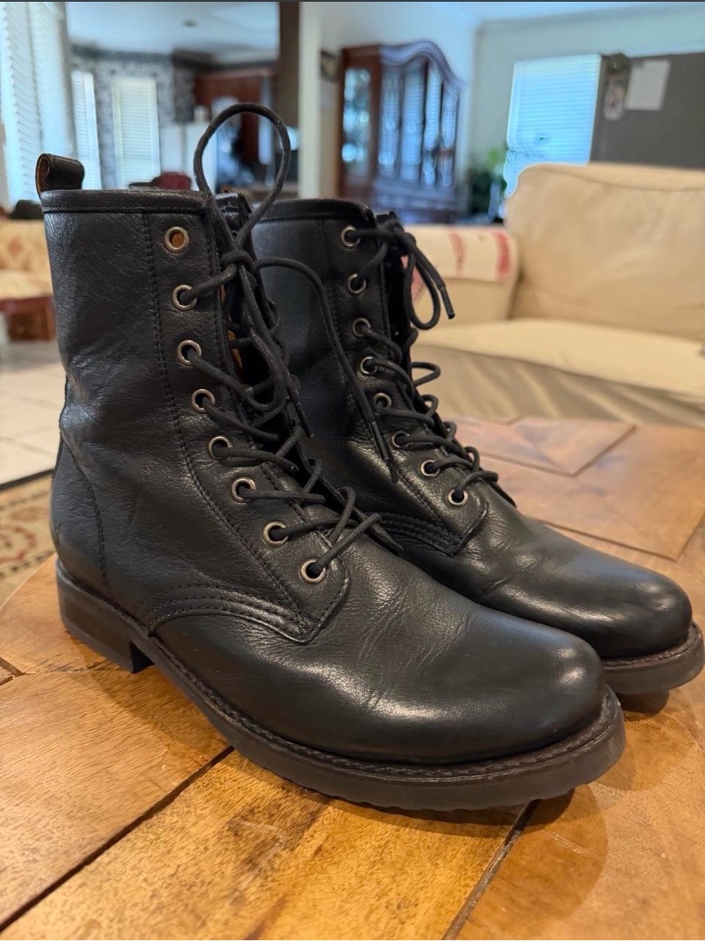 Frye Black Lace-Up Leather Combat Boots
